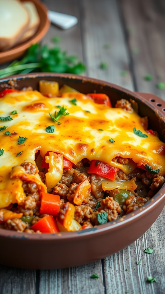 A delicious bake up with layers of vegetables, meat, and melted cheese in a rustic casserole dish.